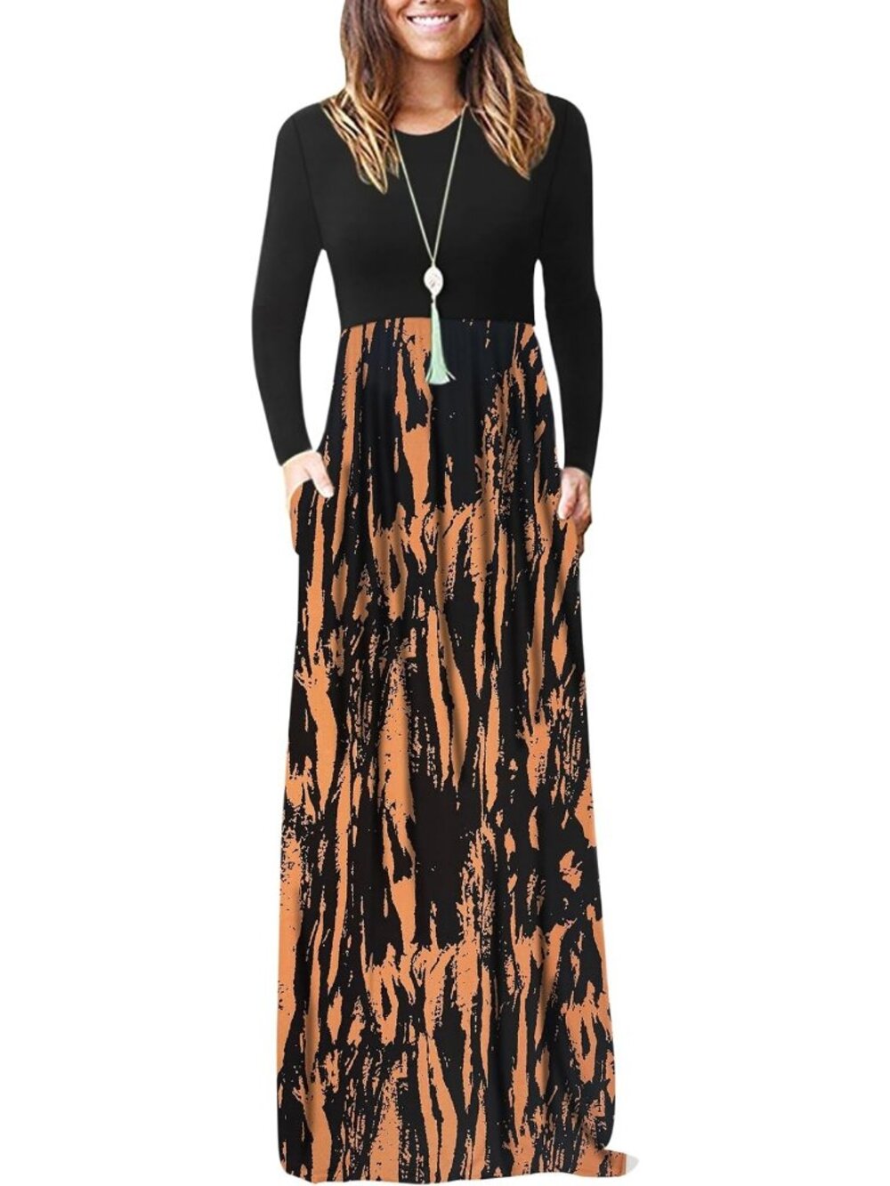 Women's Driftwood Grain Crew Neck Long Sleeve Pull On Soft Pocket Maxi Dresses